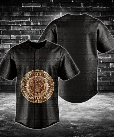 Aztec Calendar Baseball Jersey – Stylish Black & Gold Design, Perfect For Trendy Streetwear