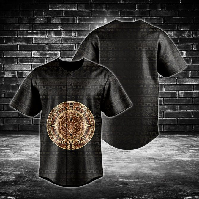 Aztec Calendar Baseball Jersey – Stylish Black & Gold Design, Perfect For Trendy Streetwear