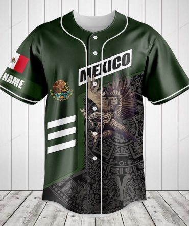 Custom Mexico Flag Baseball Jersey – Aztec Eagle Design, Personalized Name