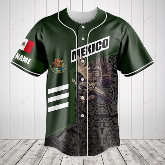 Custom Mexico Flag Baseball Jersey – Aztec Eagle Design, Personalized Name