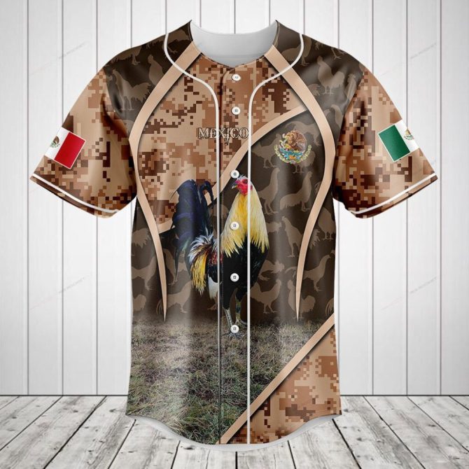 Men'S Camo Rooster Baseball Jersey - Mexican Flag Design, Breathable Sport Shirt