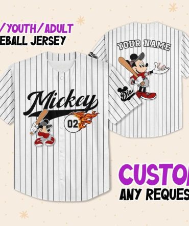 Custom Mickey Fire Whie Black Disney Personalized Baseball Jersey For Fans