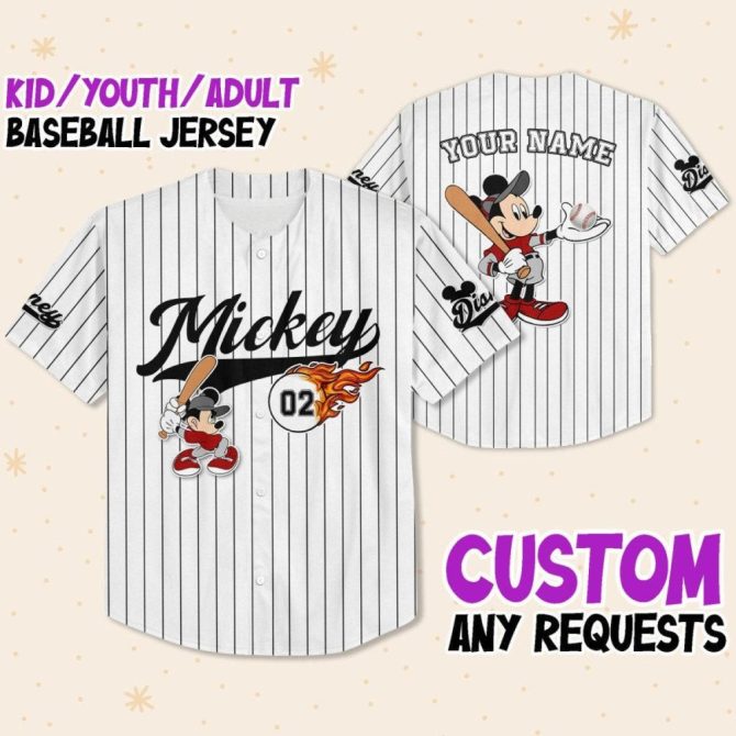 Custom Mickey Fire Whie Black Disney Personalized Baseball Jersey For Fans