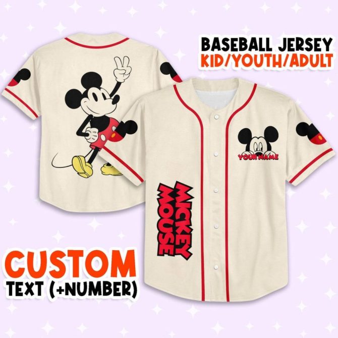 Custom Mickey Mouse Baseball Jersey - Kids/Youth/Adult - Personalized Text & Number - Image 2