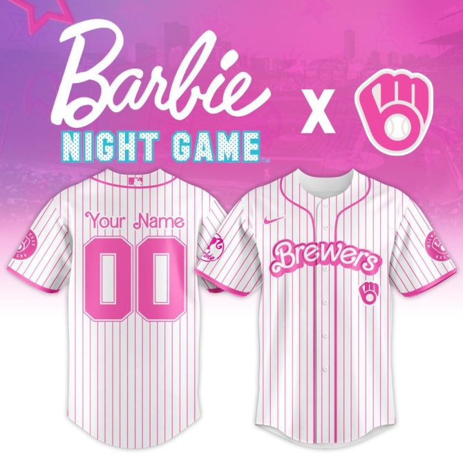 Customizable Barbie Night Game Brewers Jersey - Pink Stripes & Logo, Personalize Yours!