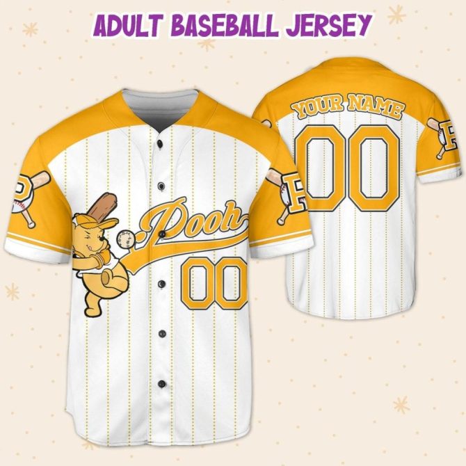 Custom Baseball Jersey For Kids/Youth/Adults - Personalize Name & Number - Fun Pooh Design - Image 6