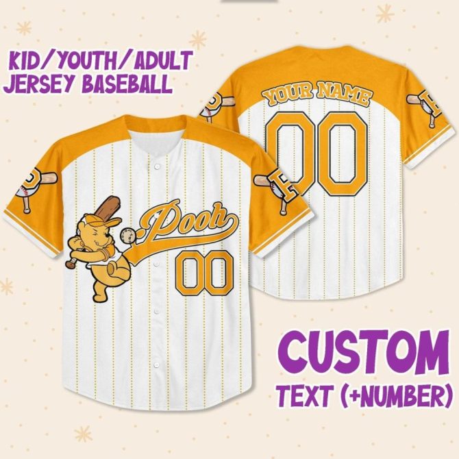 Custom Baseball Jersey For Kids/Youth/Adults - Personalize Name & Number - Fun Pooh Design