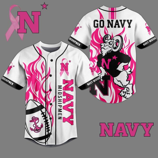 Navy Midshipmen Pink Ribbon Jersey - Go Navy Sport Shirt With Flame Design