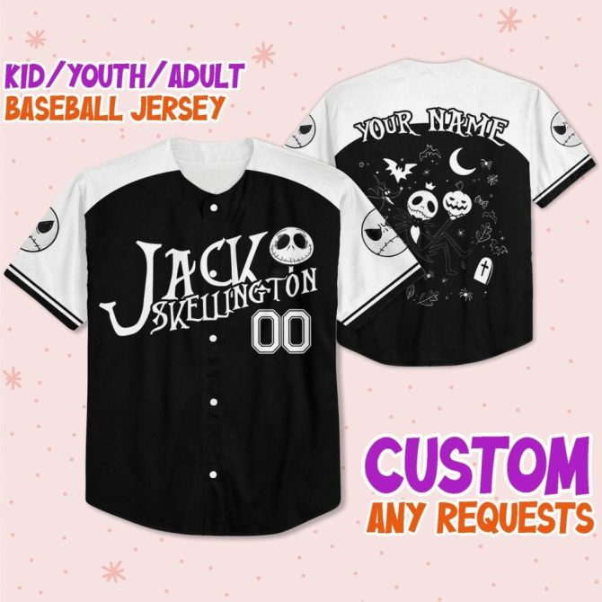 Custom Jack Skellington Baseball Jersey - Kids/Youth/Adult Sizes - Personalize Your Name! - Image 2
