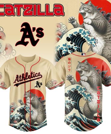 Epic Catzilla Baseball Jersey - Athletic A'S Roaring Cat Graphic Tee