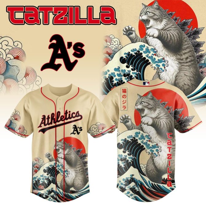 Epic Catzilla Baseball Jersey - Athletic A'S Roaring Cat Graphic Tee