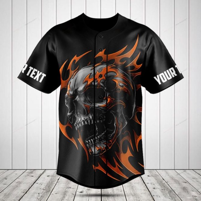 Customizable Skull Flames Baseball Jersey - Bold Black & Orange Design For Men