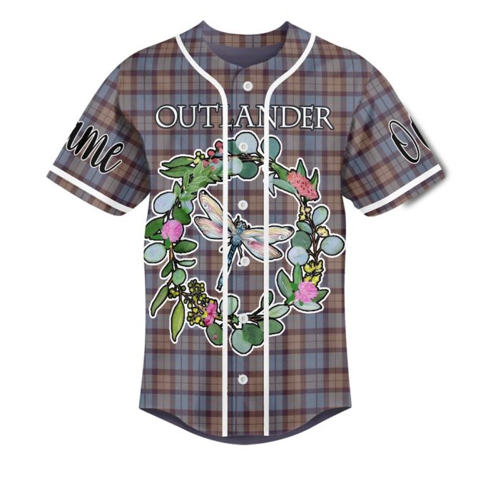 Outlander Floral Plaid Baseball Jersey - Unique Dragonfly Design, Customizable Name, Perfect Gift For Fans!
