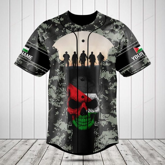 Custom Camouflage Jersey With Skull & Soldier Silhouette - Personalized Name & Flag
