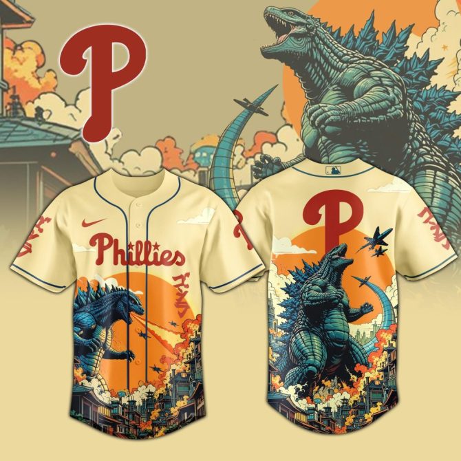Exclusive Phillies X Godzilla Graphic Baseball Jersey – Limited Edition Fan Gear