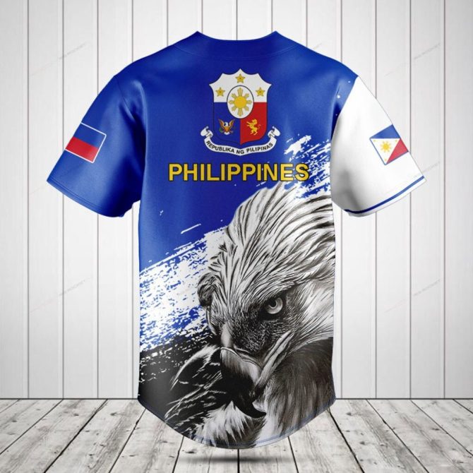 Customizable Eagle Design Baseball Jersey - Blue & White With Flag Accents - Perfect For Sports Fans - Image 2