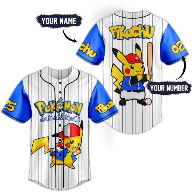 Customize Your Pikachu Baseball Jersey – Personalized Name & Number – Perfect For Pokémon Fans!
