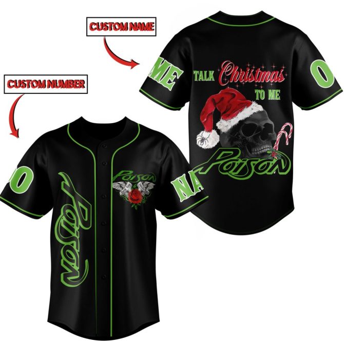 Customizable Poison Christmas Baseball Jersey - Festive Skull Design, Add Name & Number