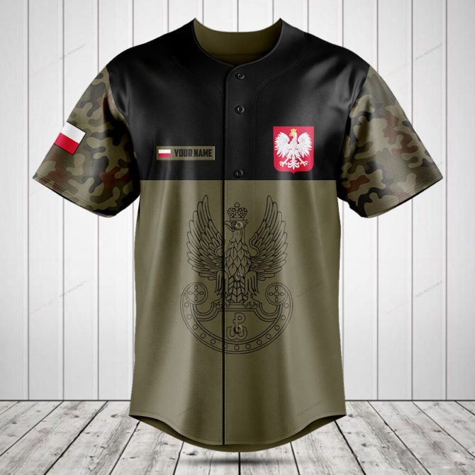 Custom Polish Eagle Baseball Jersey - Military Camo Design, Personalized Name, Unisex Fit