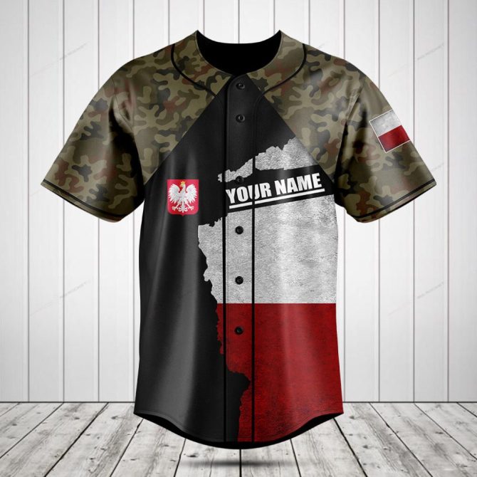 Customizable Poland Flag Camo Baseball Jersey - Personalized Name & Design