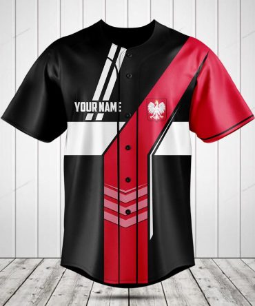 Customizable Black & Red Baseball Jersey With Poland Eagle Design – Personalize Your Name