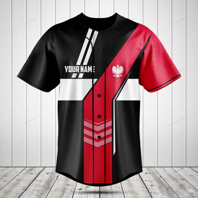 Customizable Black & Red Baseball Jersey With Poland Eagle Design – Personalize Your Name