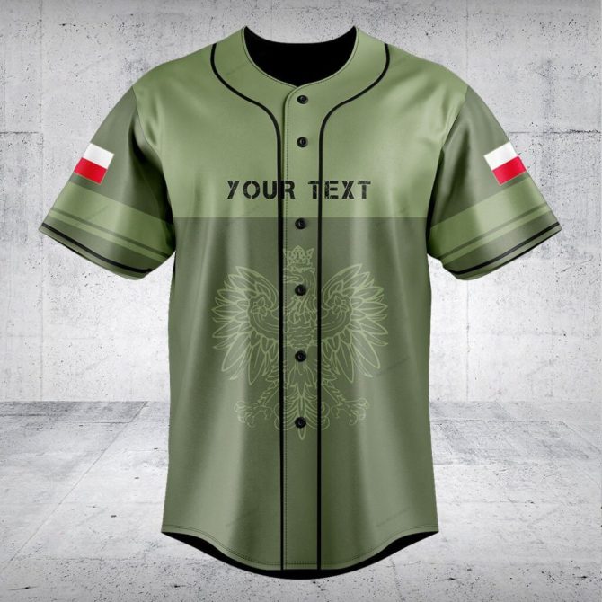 Customizable Military Green Baseball Jersey With Polish Flag & Eagle Design - Personalized Text
