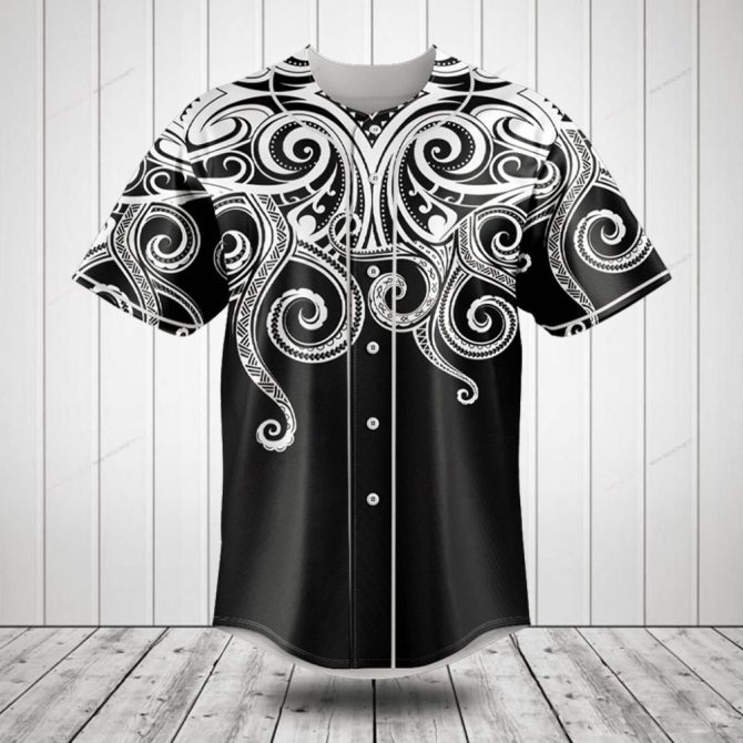 Men'S Black & White Tribal Print Button-Up Baseball Jersey - Stylish & Comfortable
