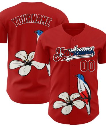 Custom Red Baseball Jersey With Floral & Bird Design - Personalize Your Name & Team