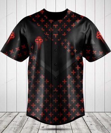 Men'S Black & Red Cross Baseball Jersey - Stylish Button-Up Sports Shirt