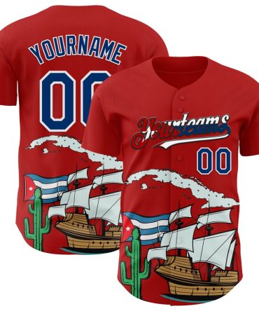 Custom Red Baseball Jersey - Personalized Name & Number, Unique Ship & Cactus Design