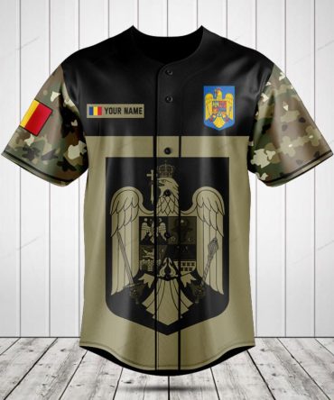 Custom Romanian Flag Baseball Jersey - Personalized Military Camo Design