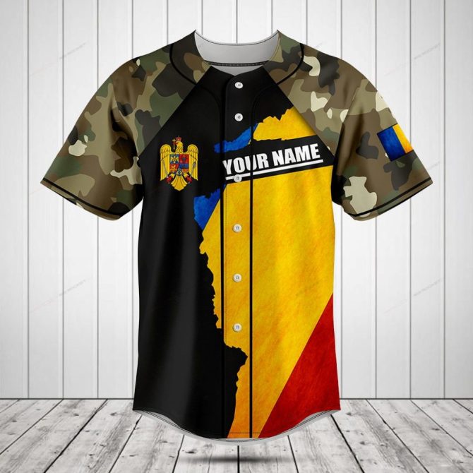 Customizable Camo Baseball Jersey With Romania Flag Design - Personalized Sportswear