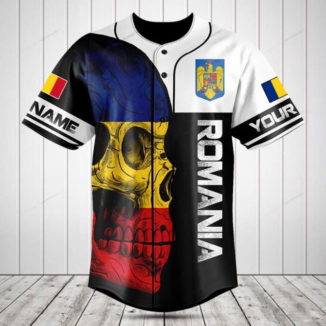 Customizable Romania Flag Skull Baseball Jersey - Unique Design & Personalization