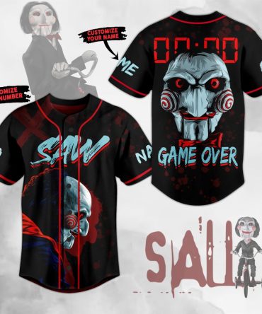 Saw Horror Baseball Jersey - Custom Name & Number, Game Over Design, Halloween Fan Gift