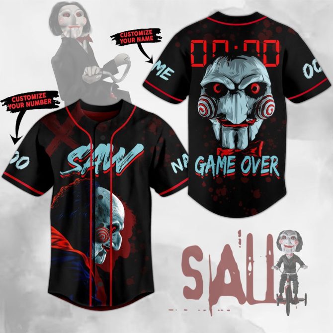 Saw Horror Baseball Jersey - Custom Name & Number, Game Over Design, Halloween Fan Gift