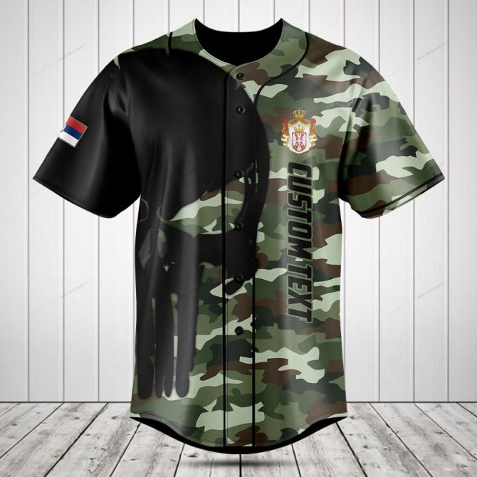 Custom Camouflage Baseball Jersey With Flag & Crest - Personalized Text, Perfect Gift!