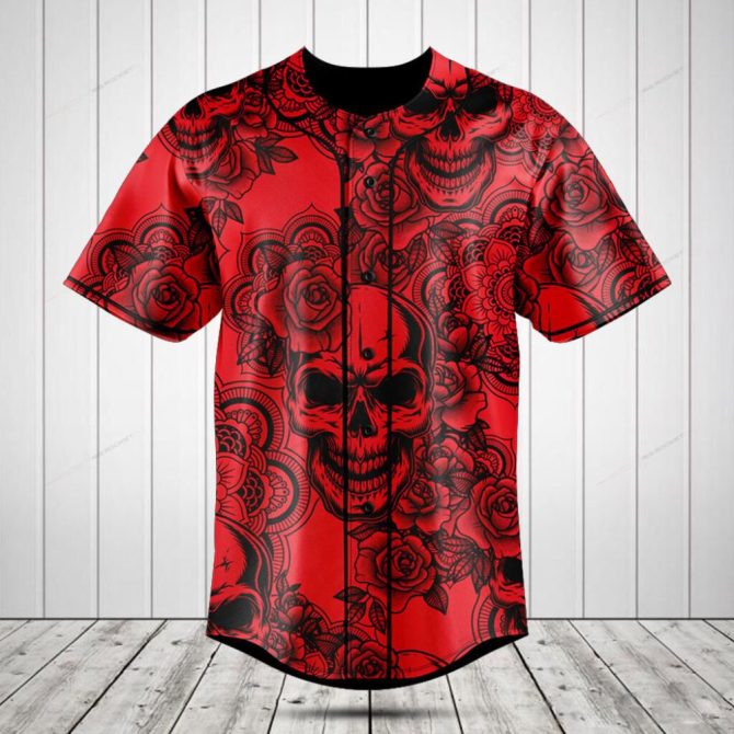 Men'S Red Skull & Roses Graphic Baseball Jersey - Bold & Stylish Casual Wear