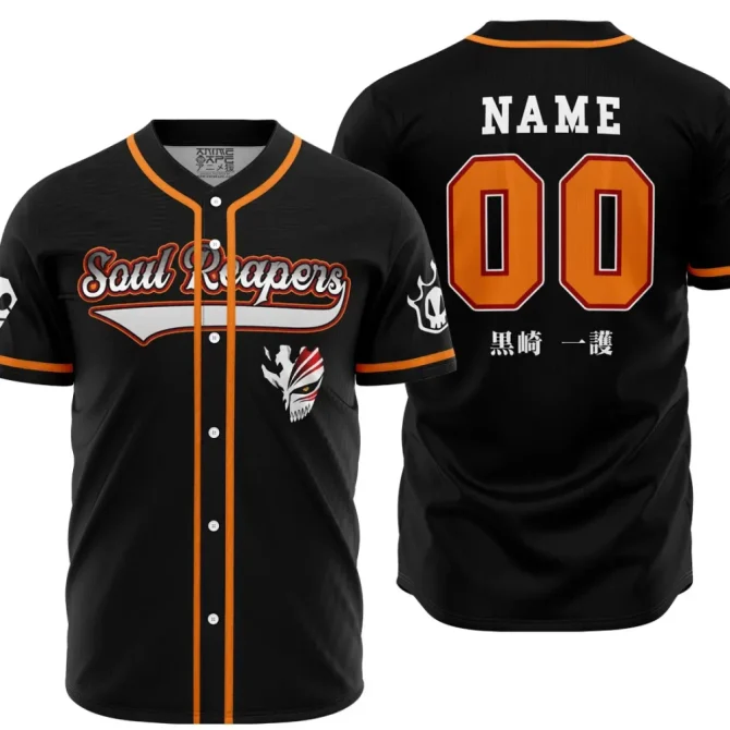 Soul Reapers Customizable Anime Baseball Jersey - Stylish Black & Orange Design