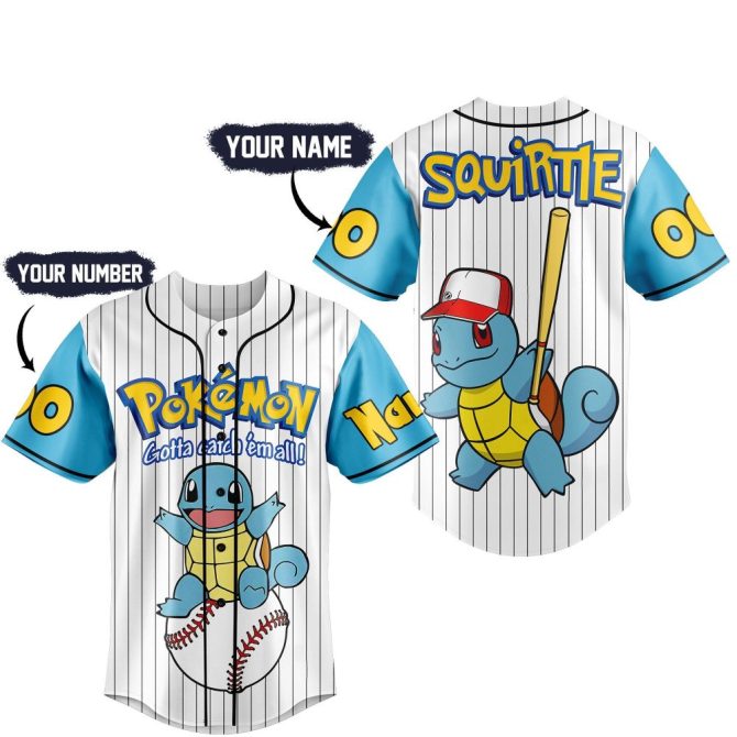 Customizable Squirtle Baseball Jersey – Personalized Name & Number – Perfect Pokémon Fan Gift