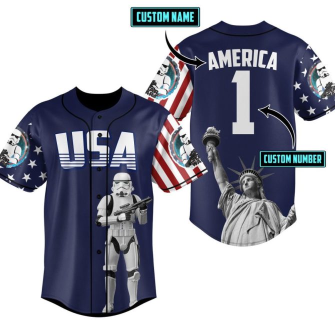Custom Usa Baseball Jersey - Personalized Name & Number, Stormtrooper & Statue Of Liberty Design