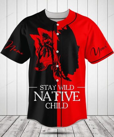 Custom Native Child Baseball Jersey - Stay Wild Red & Black Wolf Design