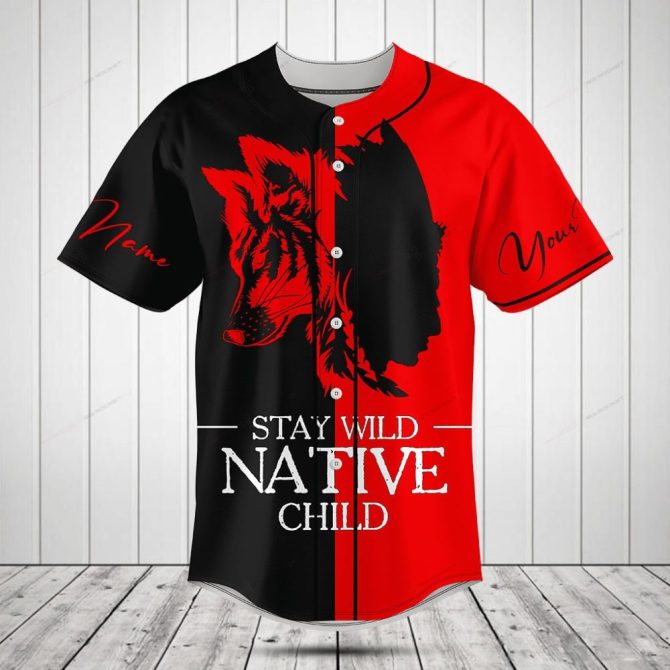 Custom Native Child Baseball Jersey - Stay Wild Red & Black Wolf Design