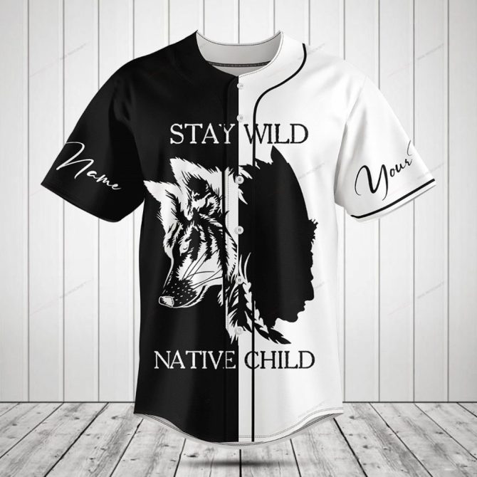 Custom Black & White Baseball Jersey - Stay Wild Native Child Wolf Design