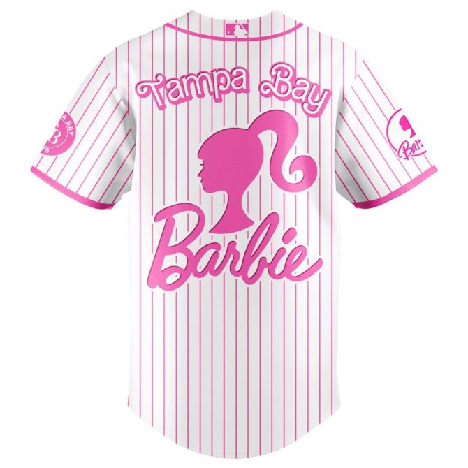 Limited Edition Barbie X Tampa Bay Rays Pink Striped Jersey - Perfect For Night Game Fans! - Image 3