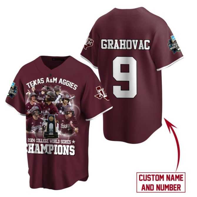 Custom Texas A&M Aggies 2024 Champions Jersey - Personalize Name & Number - College World Series Gear