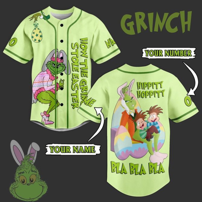 Custom Grinch Easter Baseball Jersey - Personalized Name & Number, Fun Holiday Gift!