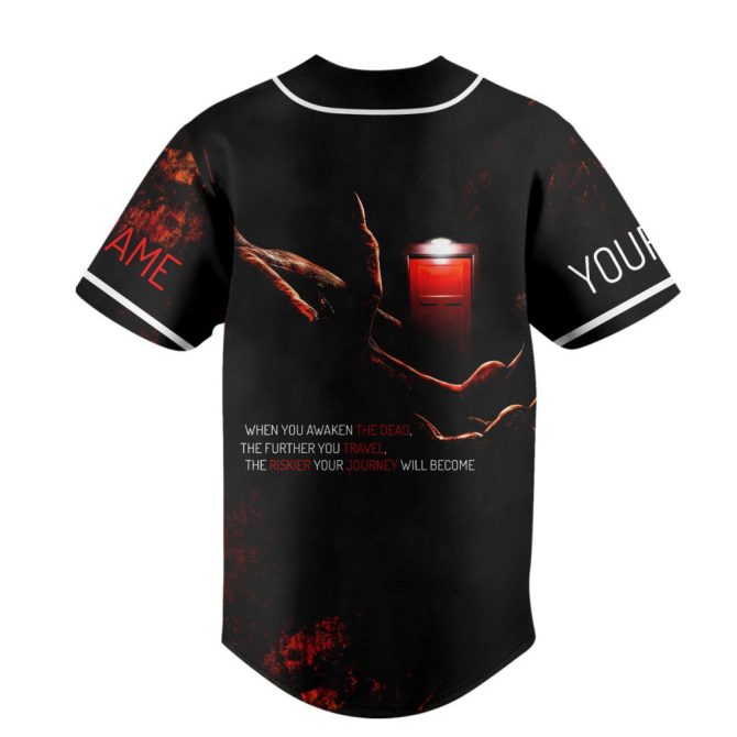 Horror-Themed Custom Baseball Jersey – Creepy Design With Red Door & Claws – Personalized Name Option - Image 2