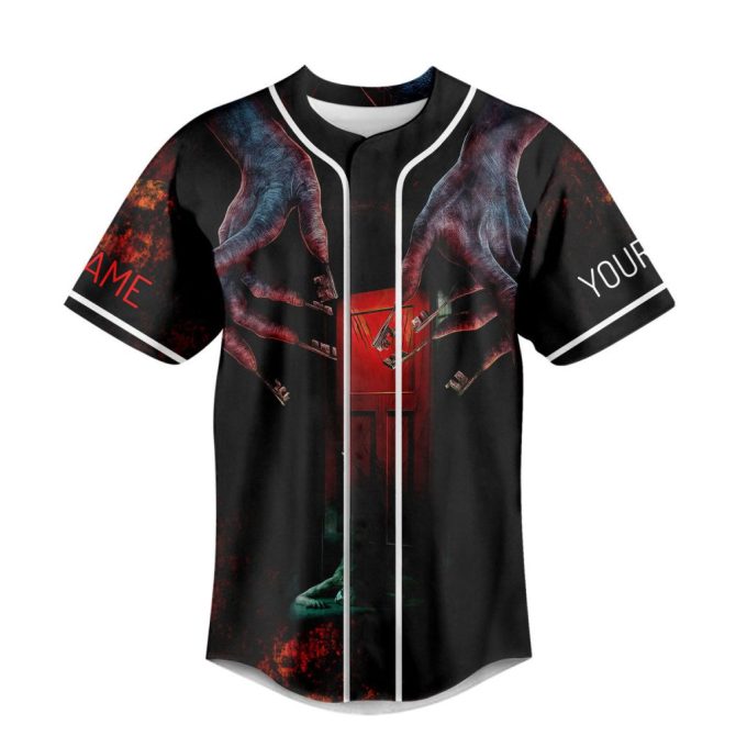 Horror-Themed Custom Baseball Jersey – Creepy Design With Red Door & Claws – Personalized Name Option - Image 3