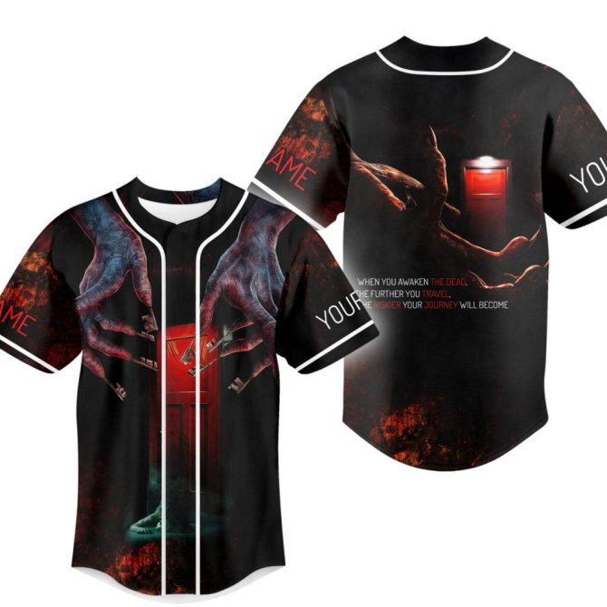 Horror-Themed Custom Baseball Jersey – Creepy Design With Red Door & Claws – Personalized Name Option